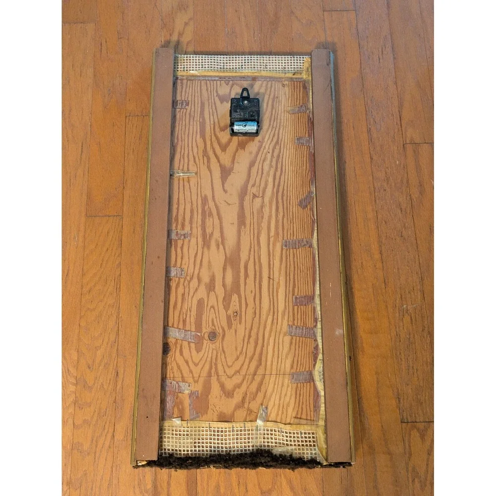 19 70s Latch Hook Rug Wall Clock Shag Fiber Art Landscape Sun Trees 34 x 16 In
